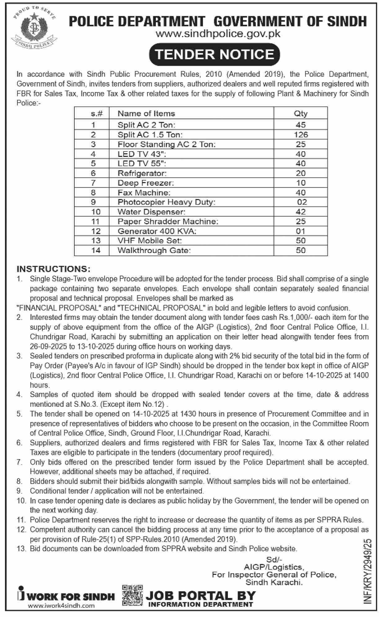 Police Department Sindh Tender Notice